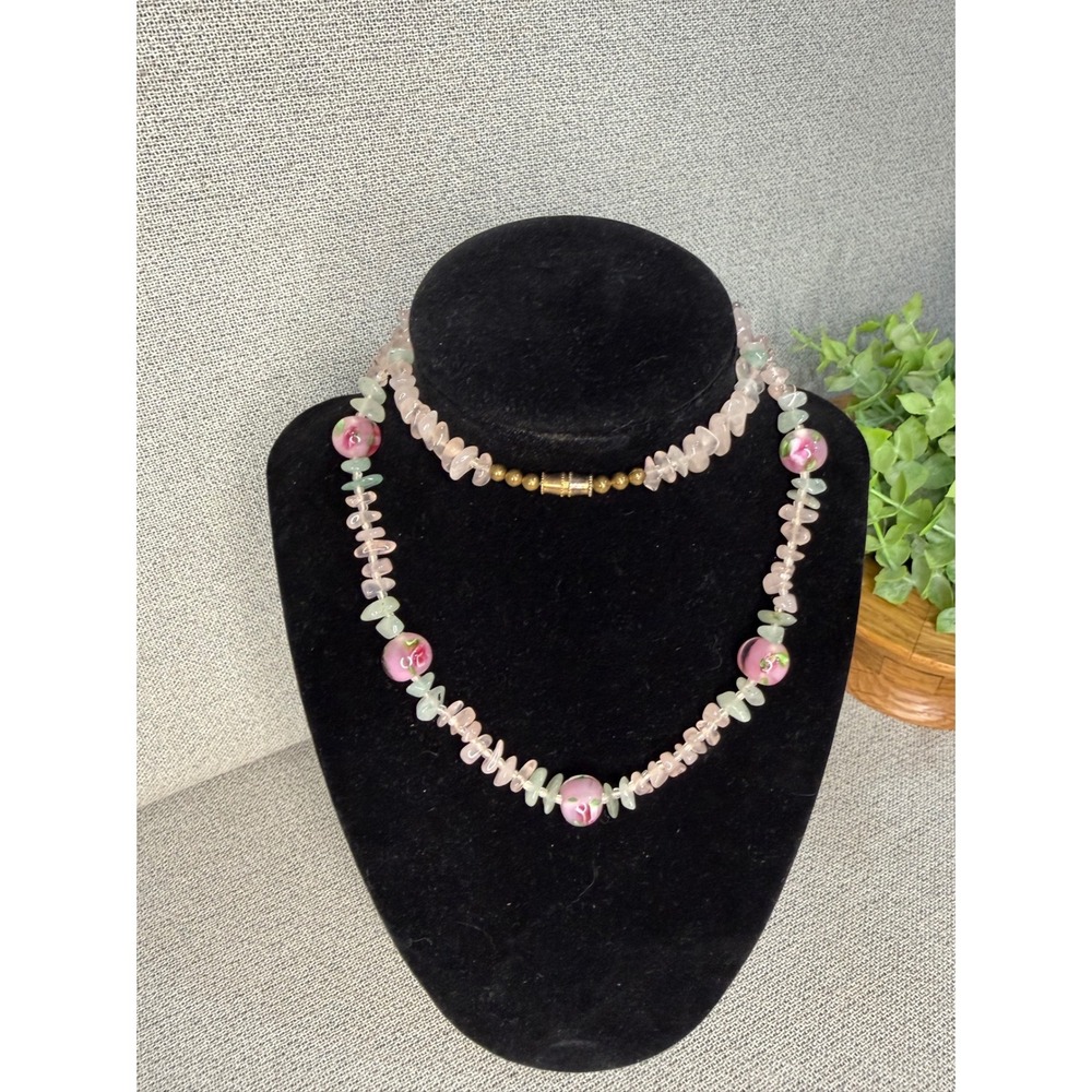 VTG Rose Quartz Green‎ Aventurine Chip Necklace Lampwork Floral Glass Beads 24"
